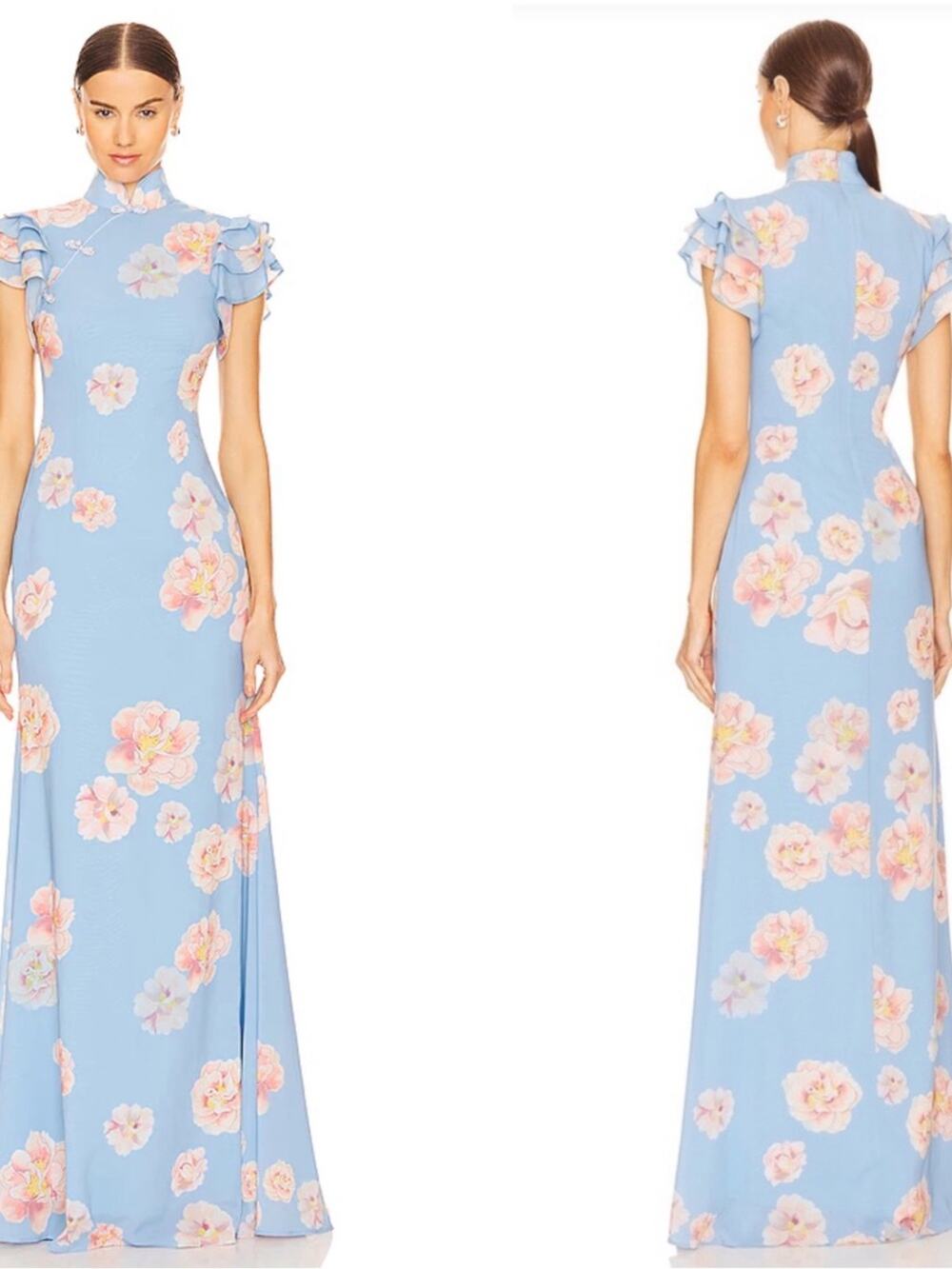 SAU LEE Sylvie Ruffle Sleeve Floral Blue Maxi Dress Size 0
